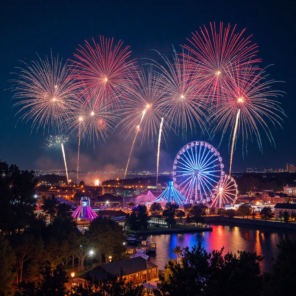 Nighttime park with fireworks